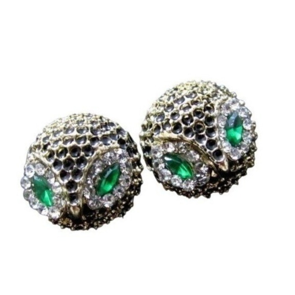 Small Green Eyed Owl Face Figural Rhinestone Enamel‎ Stud Earrings